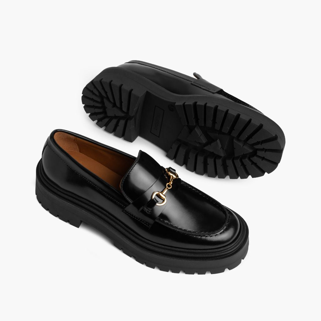 High-Traction Rubber Outsole & Lug Tread Pattern on Penny Platform Černá & Gold Kožené mokasíny pro Dámy