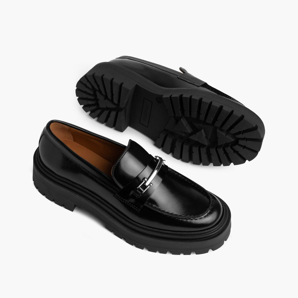 High-Traction Rubber Outsole & Lug Tread Pattern on Penny Platform Černá & Silver Kožené mokasíny pro Dámy