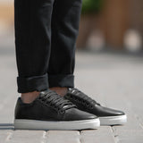 Murphy Low Top Black Leather Sneakers in Black Full-Grain Leather - Lateral Side Profile View | Buy Online