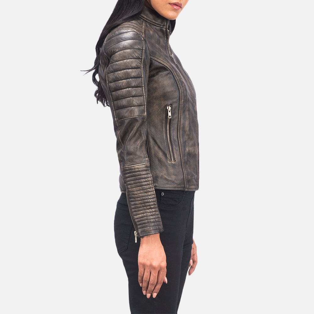 
Distressed Brown Goatskin Leather Biker Jacket - Zadní pohled s definovanými rameny a čistým lemem