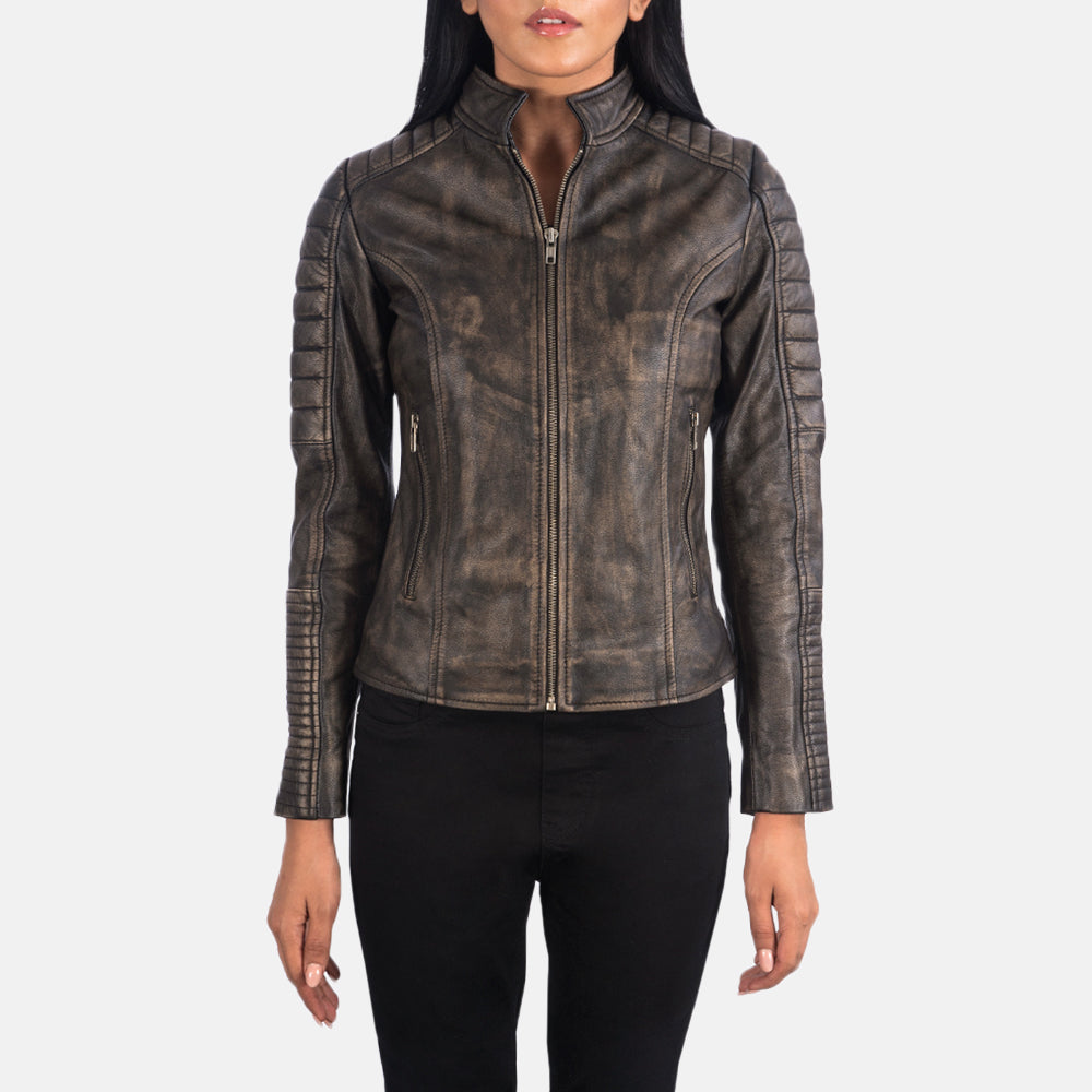 
Detailní pohled of Band & Zipper Hardware on Adalyn Prošívaná Distressed Hnědá Kožený motorkářský křivák pro Dámy