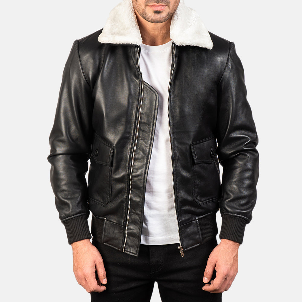 
Airin G-1 Black & White Leather Bomber Jacket in Black Sheepskin Leather - Přední pohled a přiléhavá silueta | Koupit online