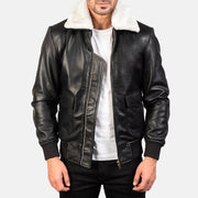 
Airin G-1 Black & White Leather Bomber Jacket in Black Sheepskin Leather - Přední pohled a přiléhavá silueta | Koupit online