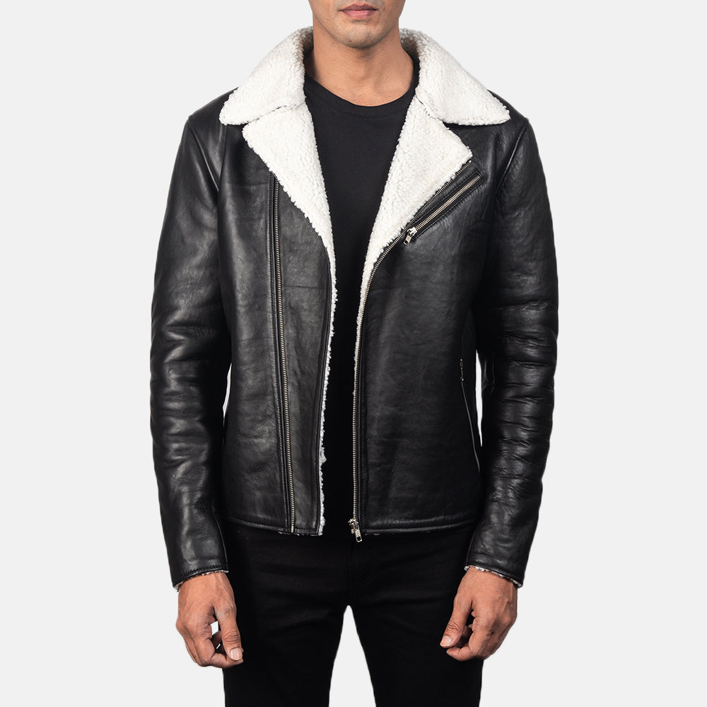 
Alberto White Shearling Černá Kožená bunda pro Pány in Black Sheepskin Leather - Přední pohled a přiléhavá silueta | Koupit online