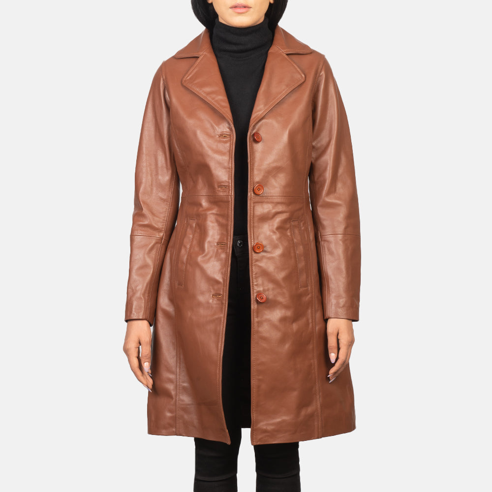 
Alexis Hnědá Single Breasted Kožený kabát pro Dámy in Brown Cowhide Leather - Přední pohled a přiléhavá silueta | Koupit online