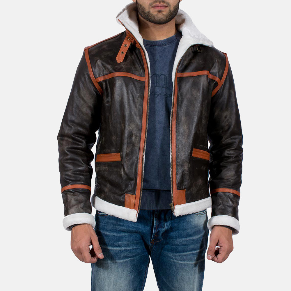 
Distressed Brown Goatskin Leather Aviator Jacket - Zadní pohled s definovanými rameny a čistým lemem