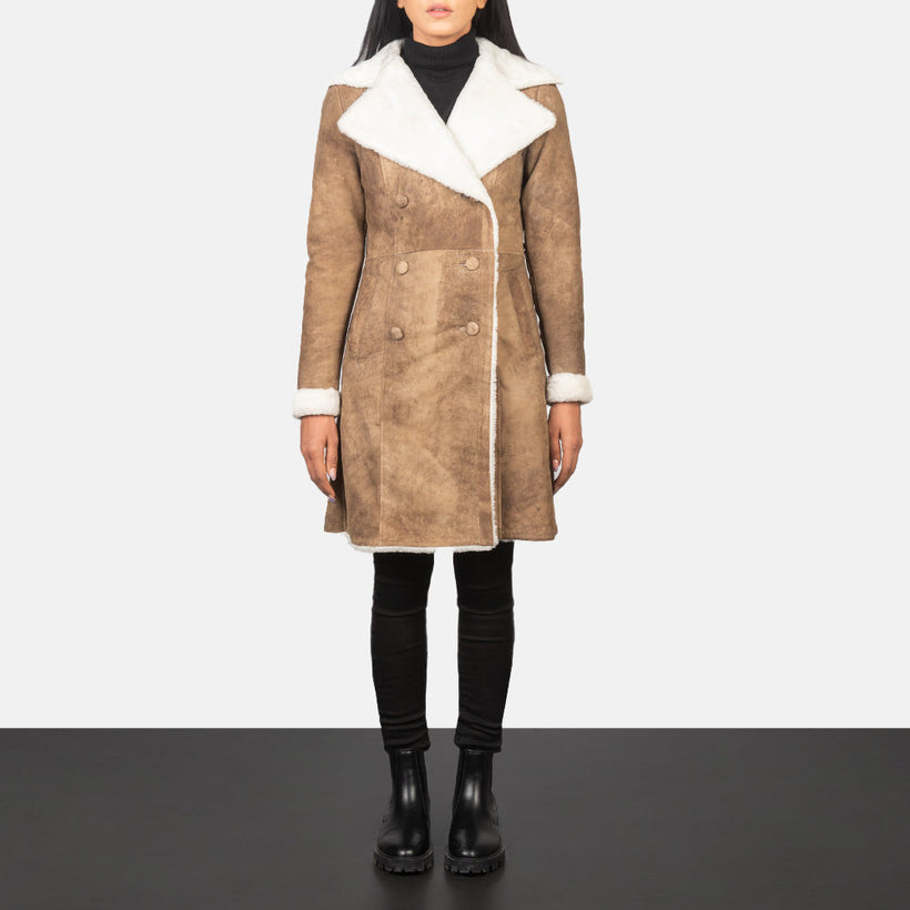 Amie Distressed Hnědá Double-Breasted Shearling Coat dámská