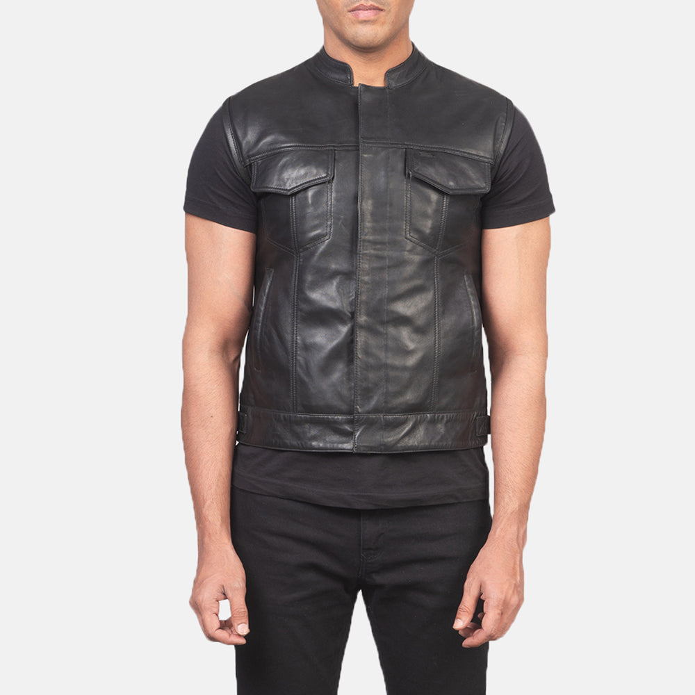 
Detailní pohled of Band & Zipper with Button Flap Hardware on Atlas Moto Černá Kožená vesta pro Pány