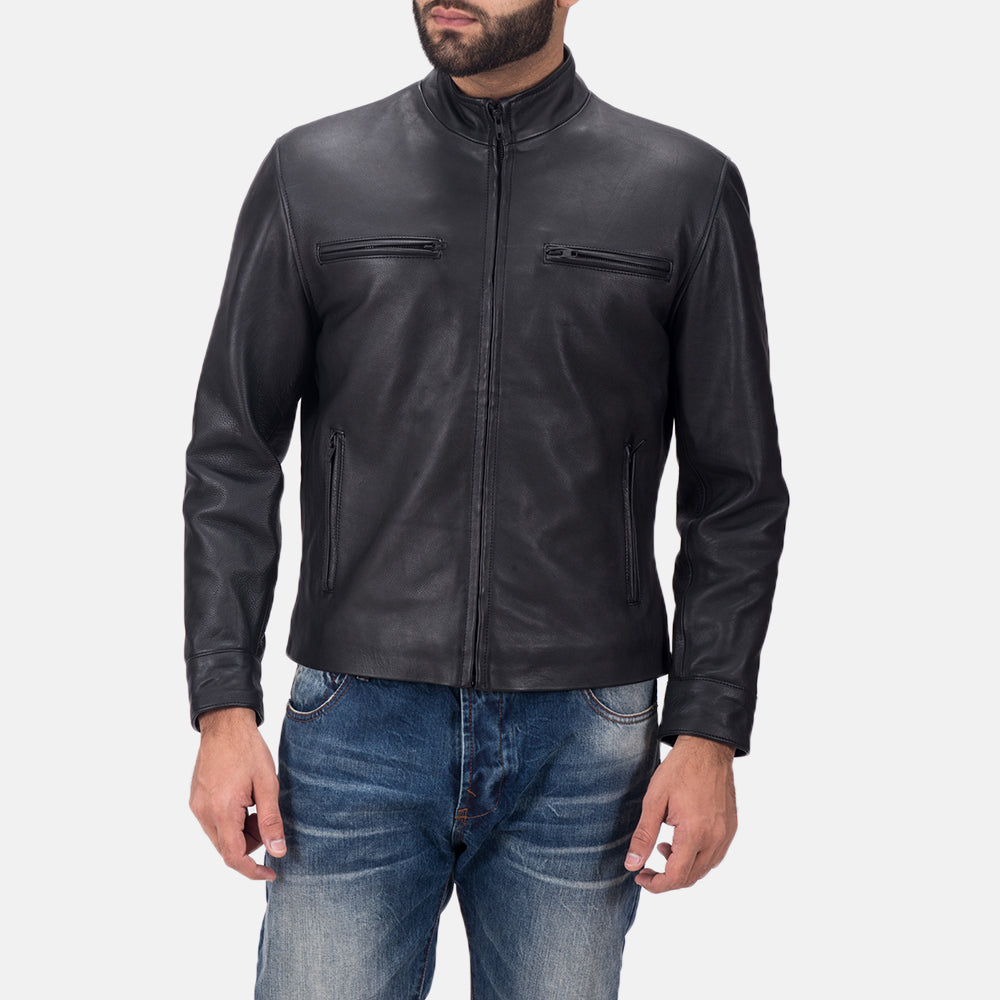 Austere Matte Black Leather Biker Jacket in Black Calfskin Matte - Front Profile View &amp; Tailored Silhouette | Buy Online