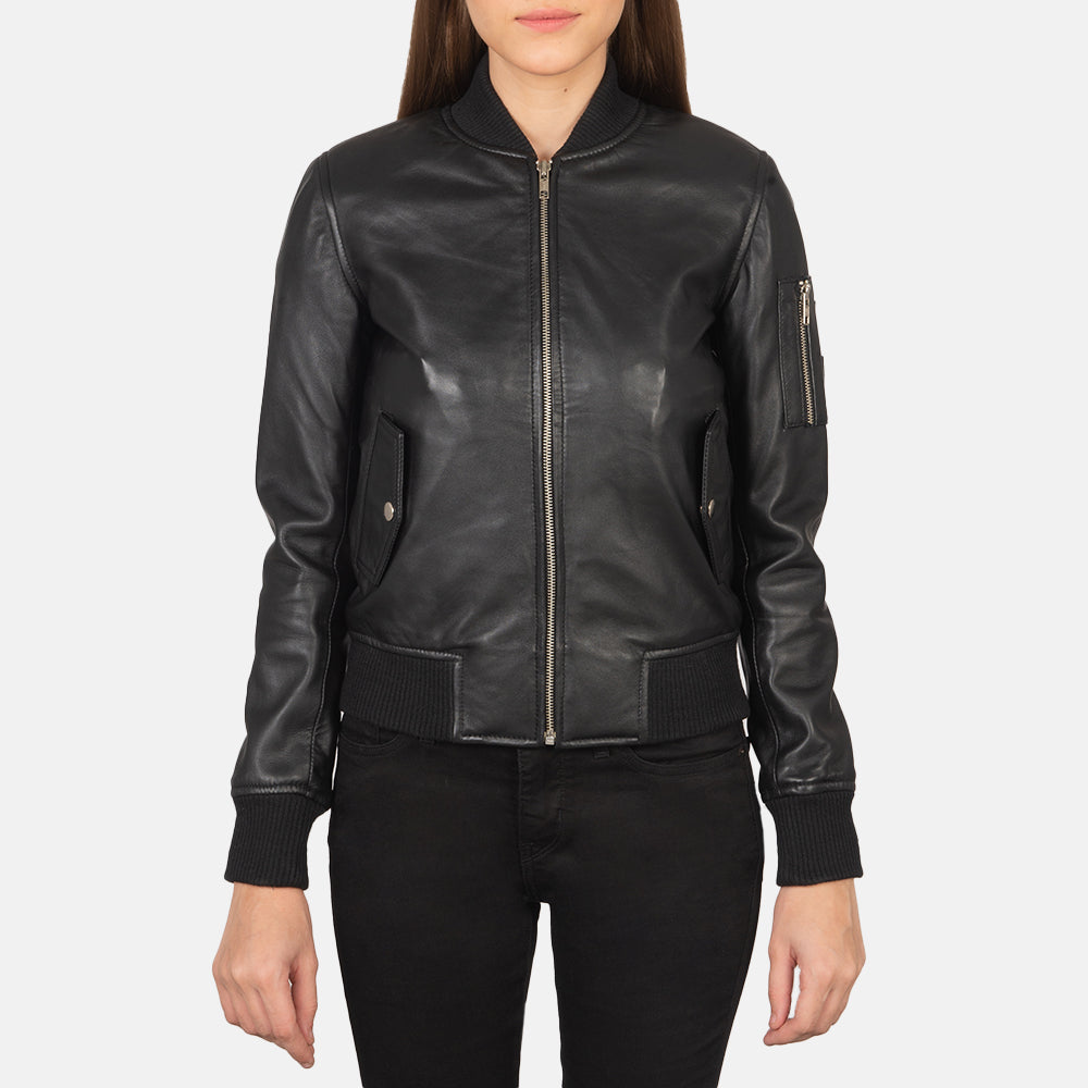 Close-Up Detail of Rib Knit &amp; Zipper Hardware on Women's Ava Ma-1 Black Leather Bomber Jacket