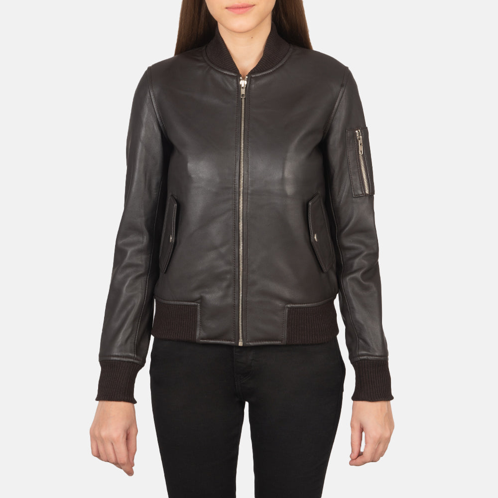 
Detailní pohled of Rib Knit & Zipper Hardware on Ava Ma-1 Brown Leather Bomber Jacket