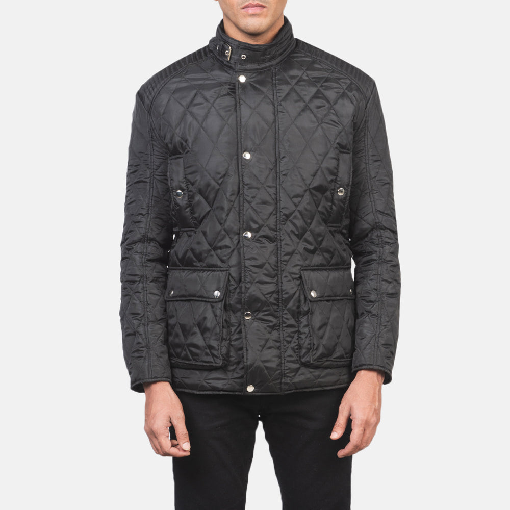 
Detailní pohled of Belted Band & Button Hardware on Barry Prošívaná Černá Windbreaker Kožená bunda pro Pány