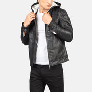 
Baston Black Hooded Leather Bomber Jacket in Black Sheepskin Leather - Přední pohled a přiléhavá silueta | Koupit online
