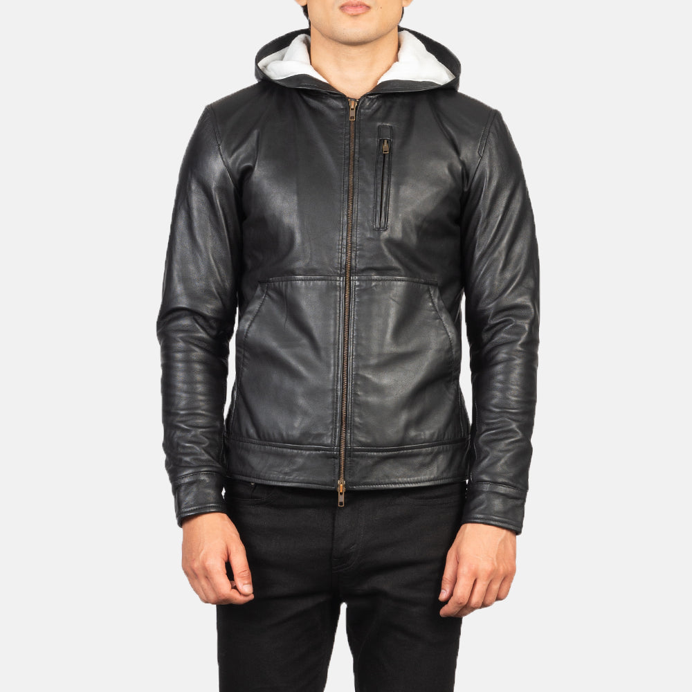 
Detailní pohled of Hooded & Zipper Hardware on Baston Black Hooded Leather Bomber Jacket