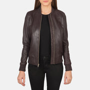 
Bliss Vínová Kožená bomber bunda pro Dámy in Maroon Sheepskin Leather - Přední pohled a přiléhavá silueta | Koupit online