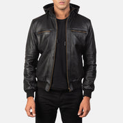 
Bouncer Biz Black Leather Hooded Bomber Jacket in Black Cowhide Leather - Přední pohled a přiléhavá silueta | Koupit online