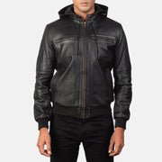 
Bouncer Biz Black Leather Hooded Bomber Jacket - Boční pohled ukazující ergonomický střih rukávů