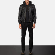 
Detailní pohled of Band & Zipper Hardware on Bouncer Biz Black Leather Hooded Bomber Jacket