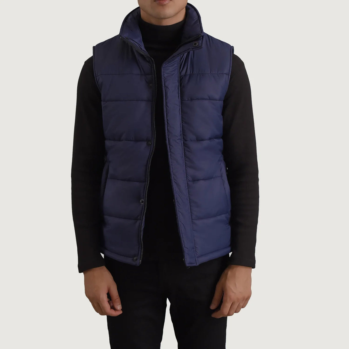 Bryan Blue Puffer Vest pánská in Blue Full-Grain Leather - Front Profile View &amp; Tailored Silhouette | Buy Online