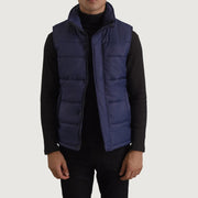 Bryan Blue Puffer Vest pánská in Blue Full-Grain Leather - Front Profile View &amp; Tailored Silhouette | Buy Online