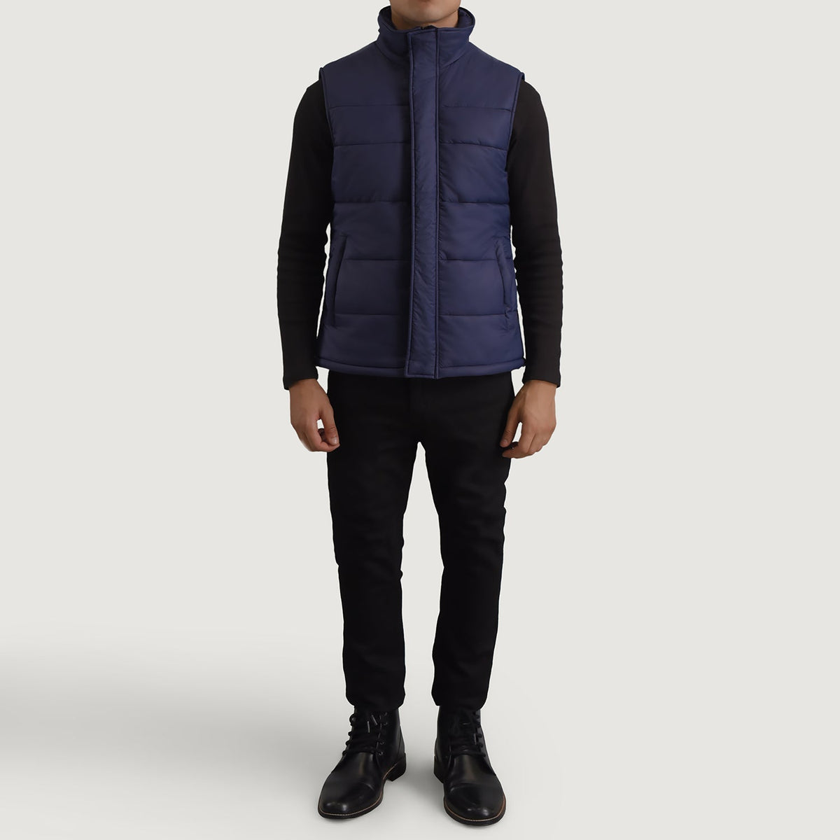 Bryan Blue Puffer Vest pánská - Lateral Side Profile View Showing Sleeve Cut &amp; Athletic Taper Fit
