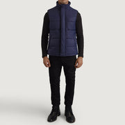 Bryan Blue Puffer Vest pánská - Lateral Side Profile View Showing Sleeve Cut &amp; Athletic Taper Fit