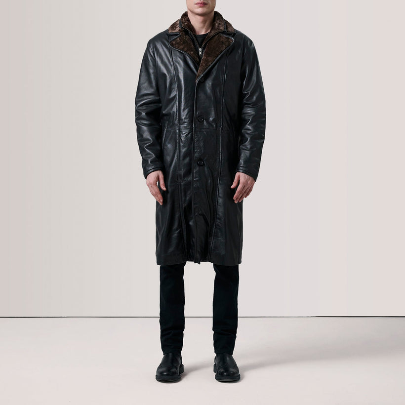 Cai Černá Leather Shearling Coat pánská