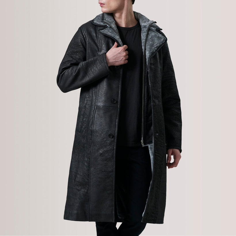 Cai Distressed Černá Leather Shearling Coat pánská