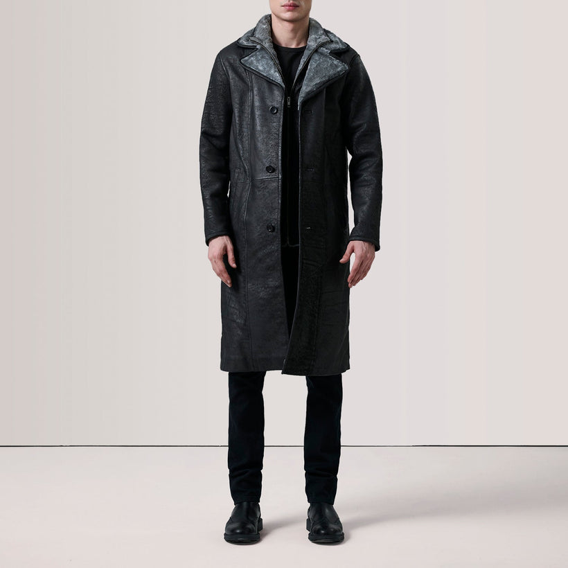 Cai Distressed Černá Leather Shearling Coat pánská