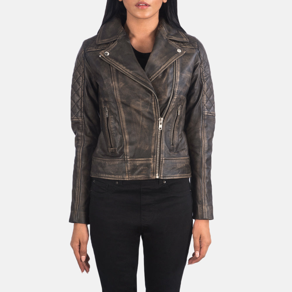 
Detailní pohled of Notch & Zipper Hardware on Carolyn Quilted Distressed Brown Biker Jacket