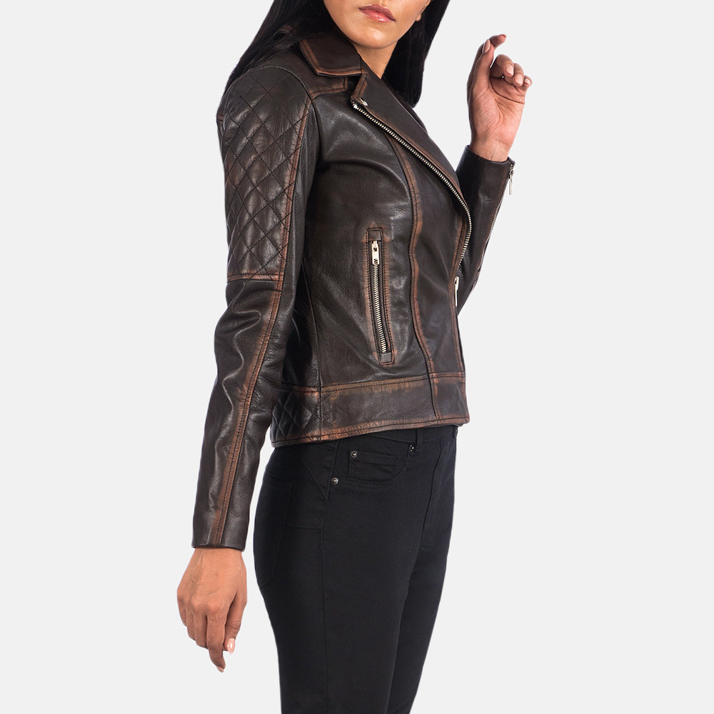 
Vintage Brown Goatskin Leather Biker Jacket - Zadní pohled s definovanými rameny a čistým lemem
