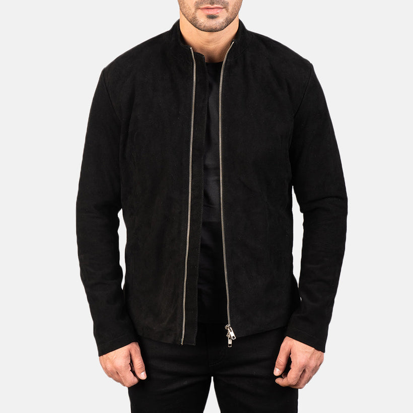 Men's Charcoal Black Suede Biker Jacket in Black Goatskin Suede - Front Profile View & Tailored Silhouette | Buy Online