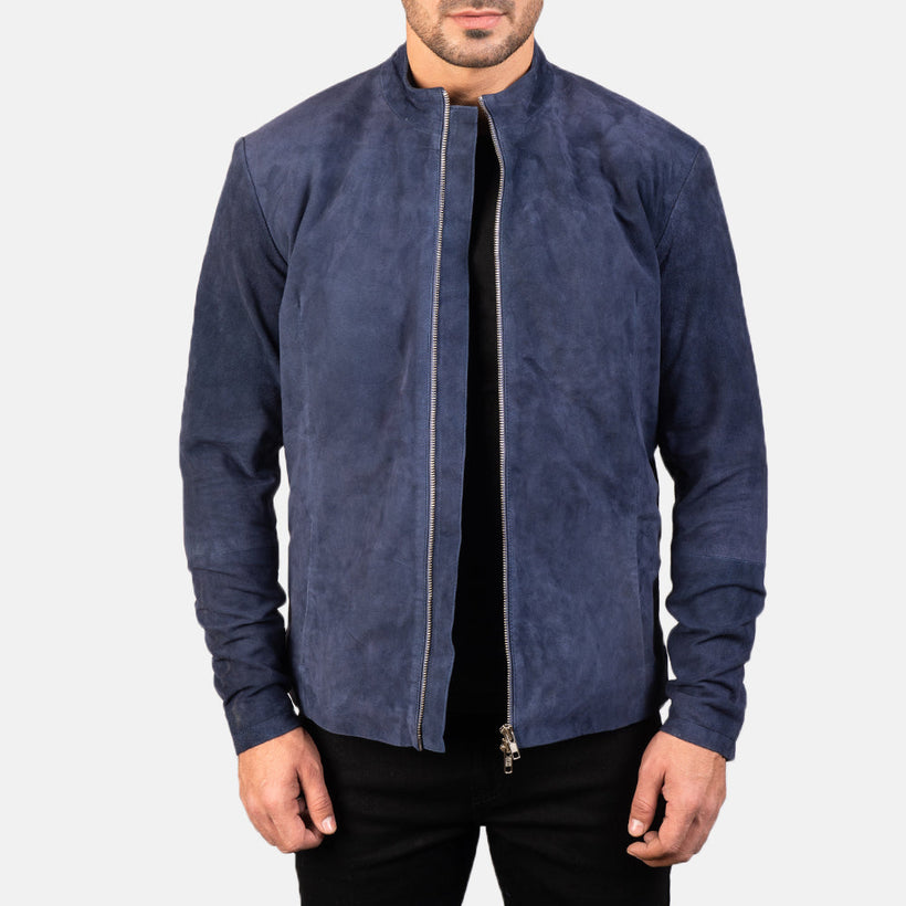 Charcoal Navy Blue Suede Kožená motorkářská bunda pánská