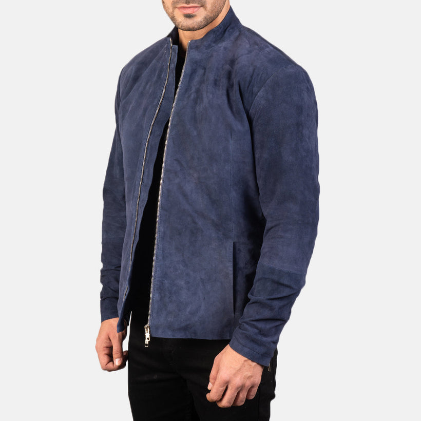 Charcoal Navy Blue Suede Kožená motorkářská bunda pánská