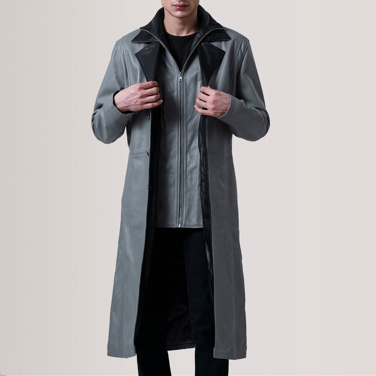 
Charlton Grey Leather Single Breasted Kožený kabát pro Pány - Přední pohled a přiléhavá silueta | Koupit online