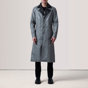 
Charlton Grey Leather Single Breasted Kožený kabát pro Pány - Zadní pohled s definovanými rameny a čistým lemem