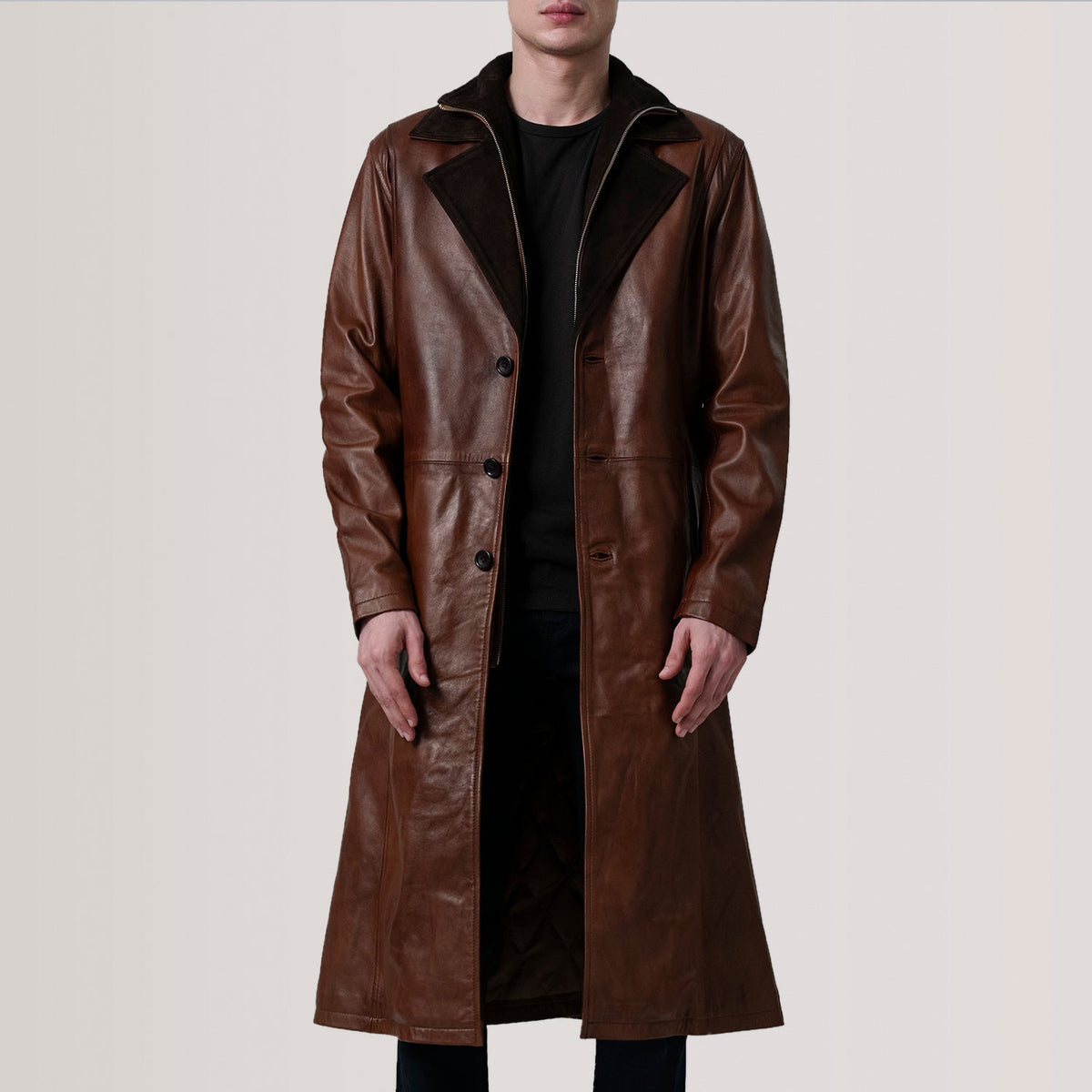 
Charlton Waxed Hnědá Leather Single Breasted Kožený kabát pro Pány For Men in Distressed Brown Sheepskin Burnished - Přední pohled a přiléhavá silueta | Koupit online