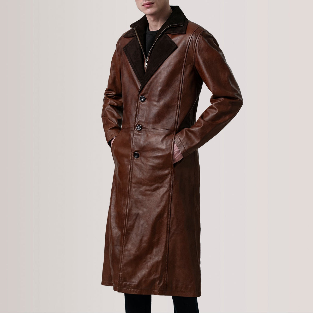 
Charlton Waxed Hnědá Leather Single Breasted Kožený kabát pro Pány For Men - Boční pohled ukazující ergonomický střih rukávů