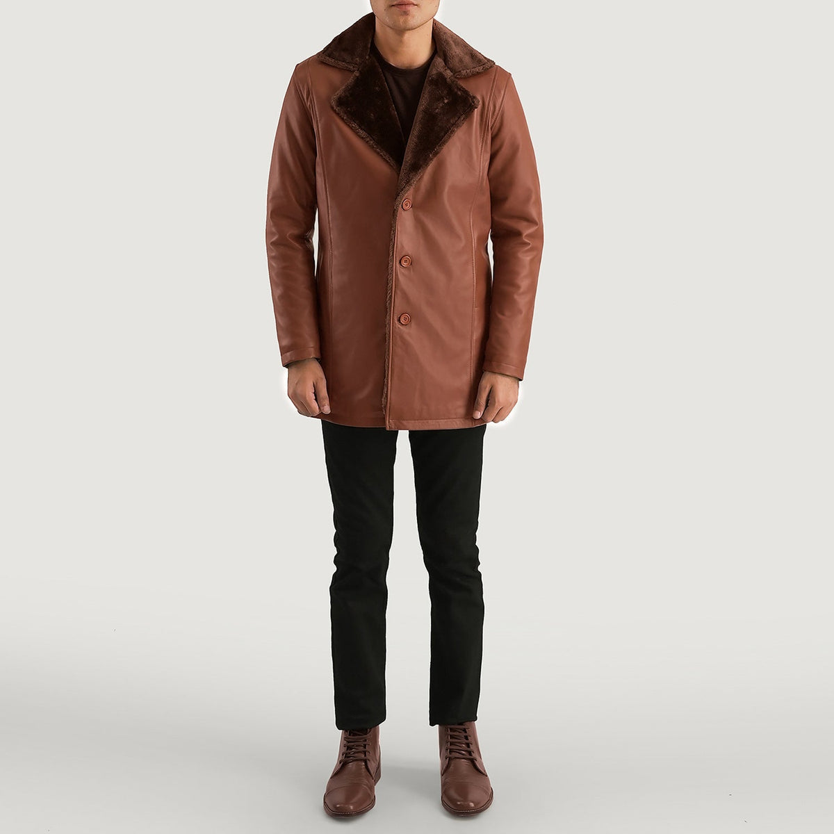 
Cinnamon Hnědá Leather Fur Kožený kabát pro Pány - Boční pohled ukazující ergonomický střih rukávů