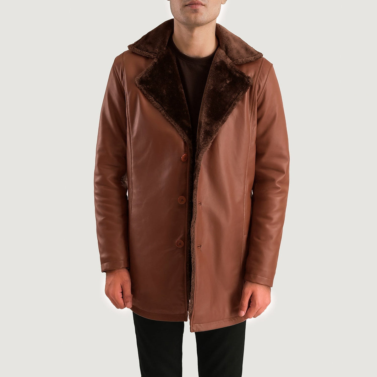 
Detailní pohled of Shirt & Button Hardware on Cinnamon Hnědá Leather Fur Kožený kabát pro Pány
