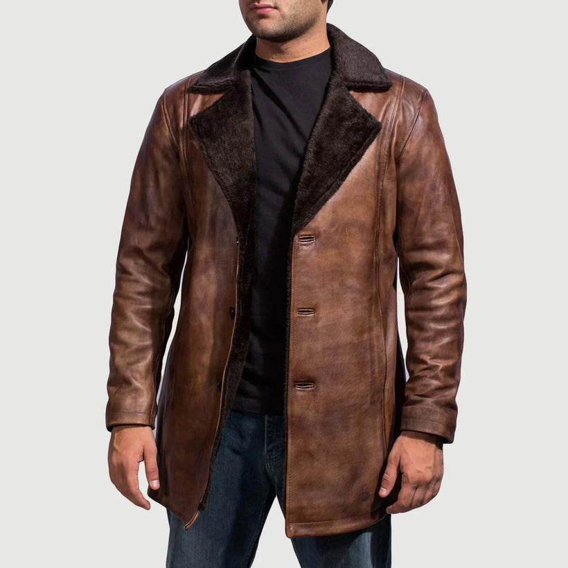 Cinnamon Distressed Leather Fur Coat pánská