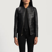 Women's Cityscape Black Leather Biker Jacket - Lateral Side Profile View Showing Sleeve Cut &amp; Athletic Taper Fit