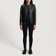 Close-Up Detail of Varsity &amp; Zipper Hardware on Women's Cityscape Black Leather Biker Jacket