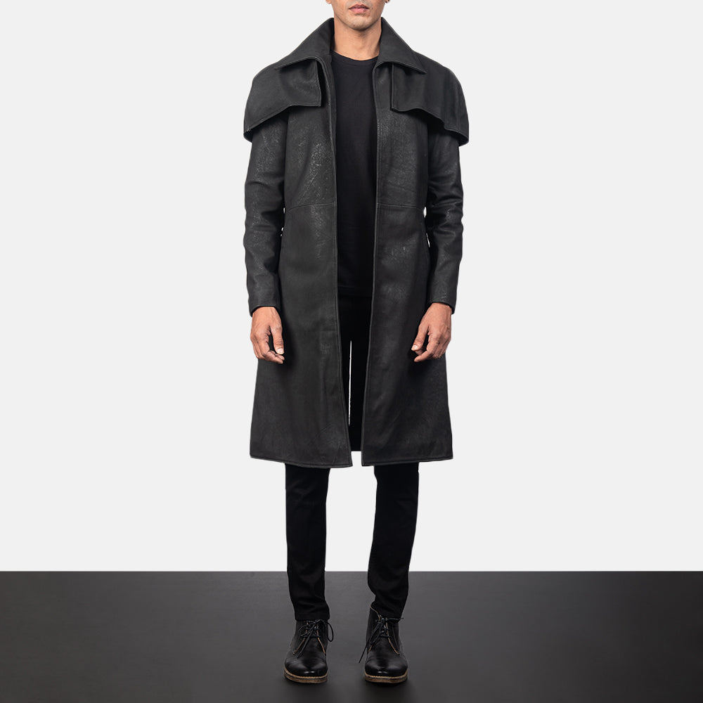 
Classic Distressed Černá Leather Duster pro Pány in Distressed Black Sheepskin Snuffed - Přední pohled a přiléhavá silueta | Koupit online
