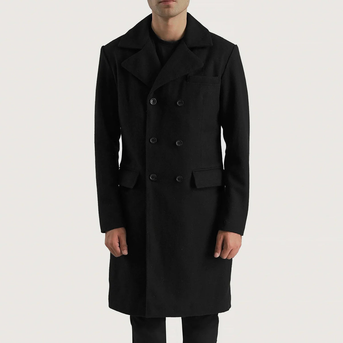 
Claud Black Wool Double Breasted Coat in Black Synthetic Wool - Přední pohled a přiléhavá silueta | Koupit online