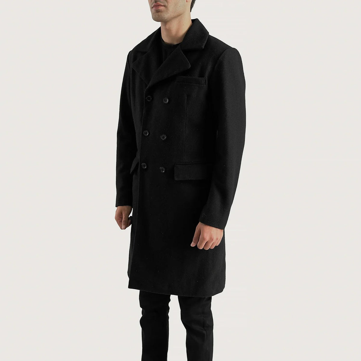 
Black Synthetic Wool Trench Coat - Zadní pohled s definovanými rameny a čistým lemem