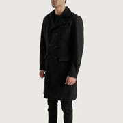 
Black Synthetic Wool Trench Coat - Zadní pohled s definovanými rameny a čistým lemem