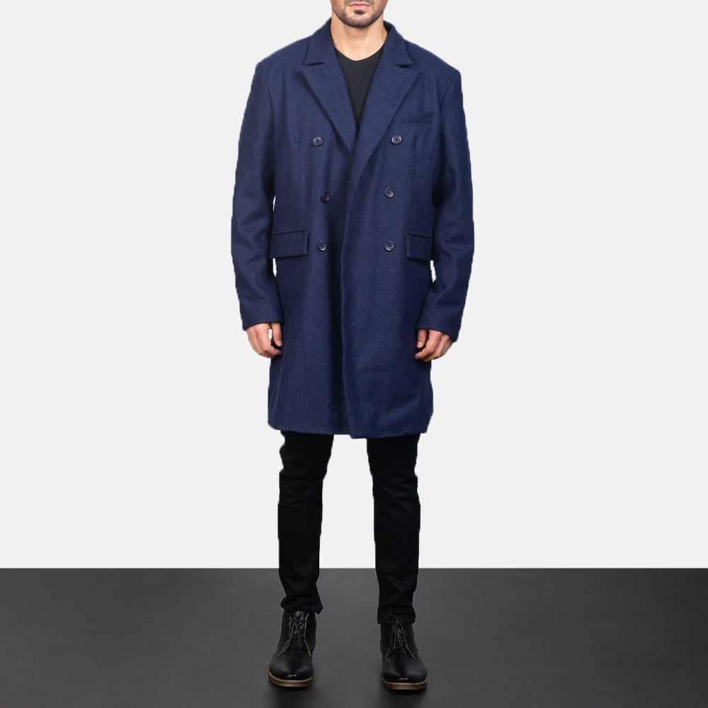 
Blue Wool Double Breasted Coat in Navy Blue Synthetic Wool - Přední pohled a přiléhavá silueta | Koupit online