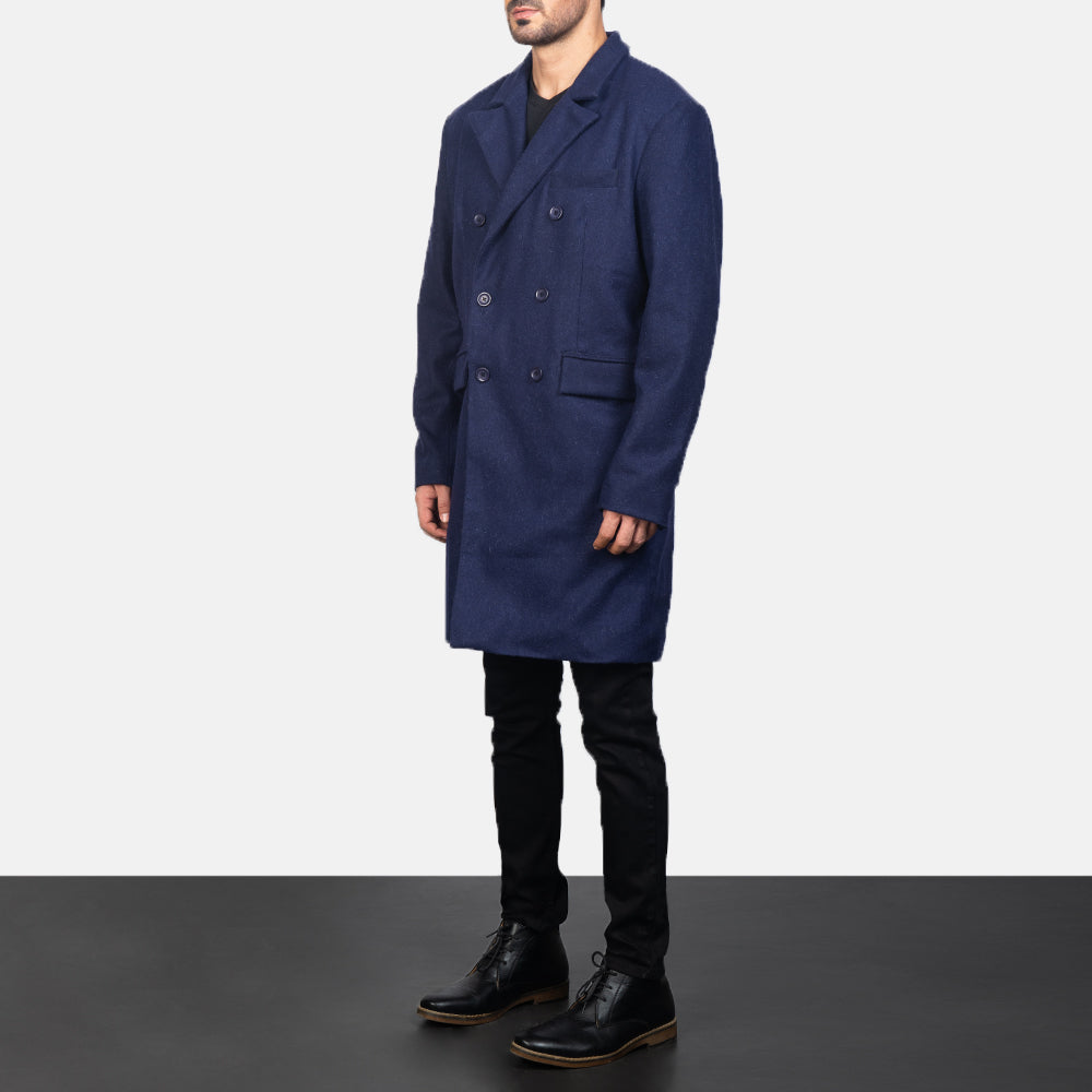 
Navy Blue Synthetic Wool Trench Coat - Zadní pohled s definovanými rameny a čistým lemem