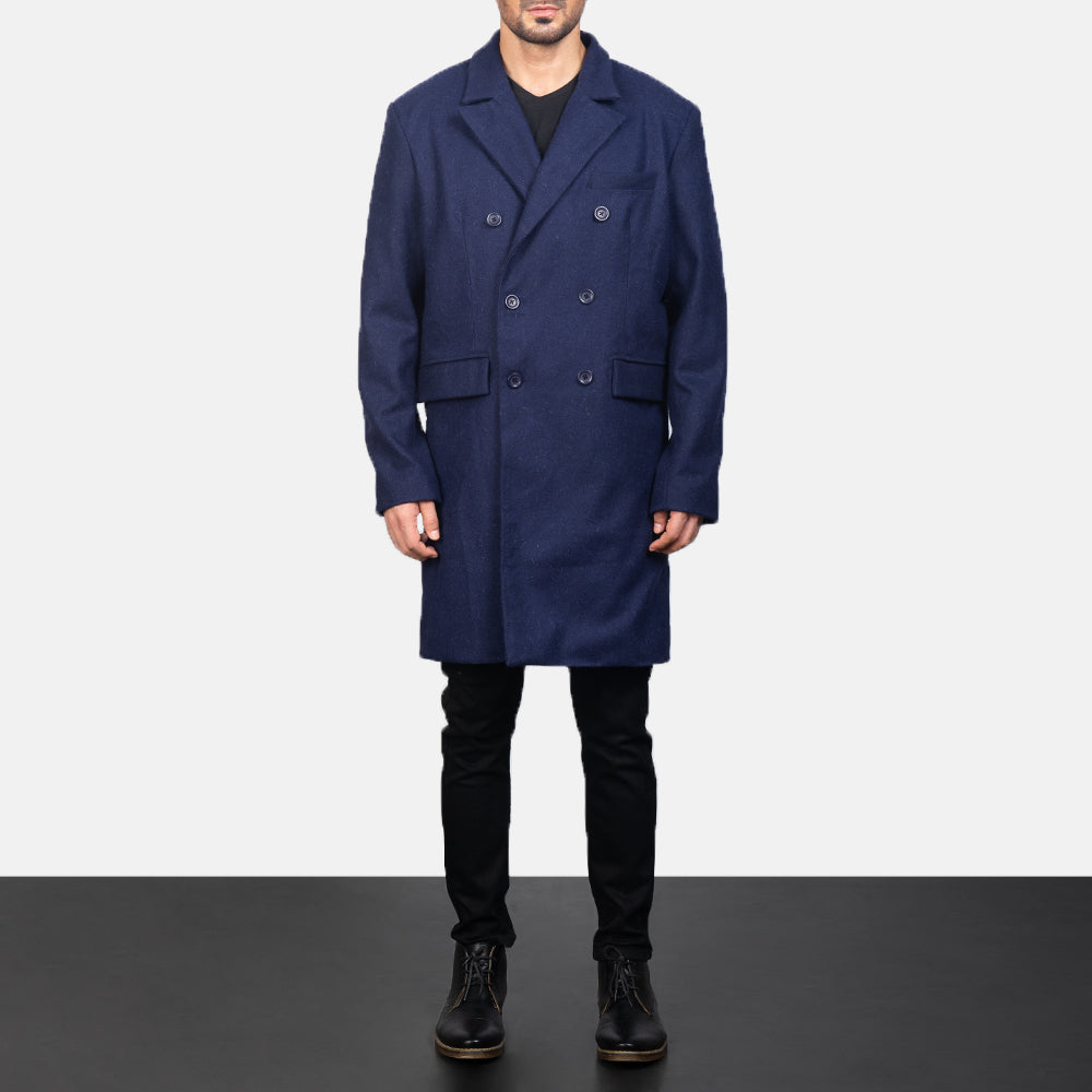 
Blue Wool Double Breasted Coat - Boční pohled ukazující ergonomický střih rukávů